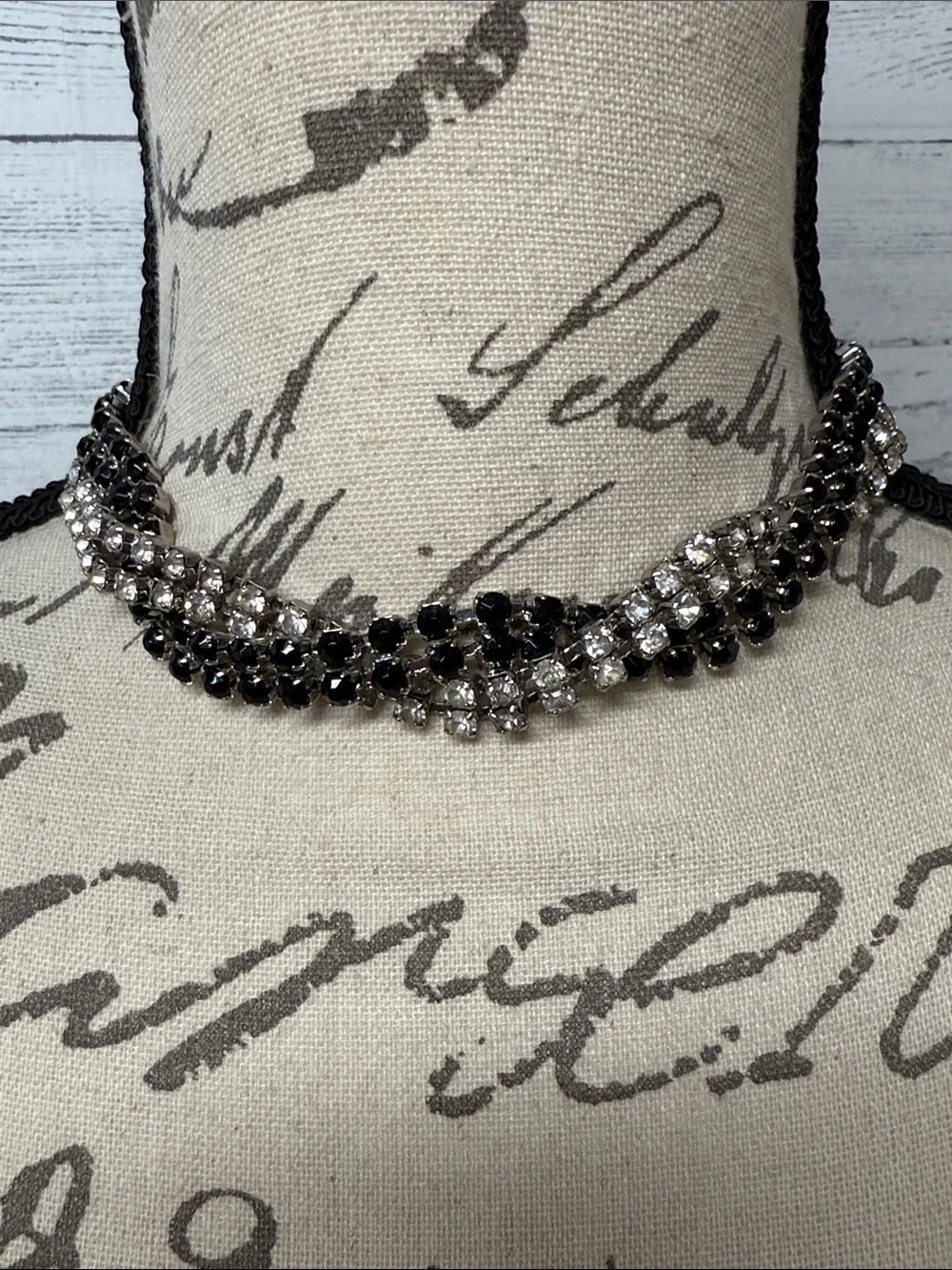 Vintage Art Deco Black & Silver Crystal Chocker Necklace and Earring Set